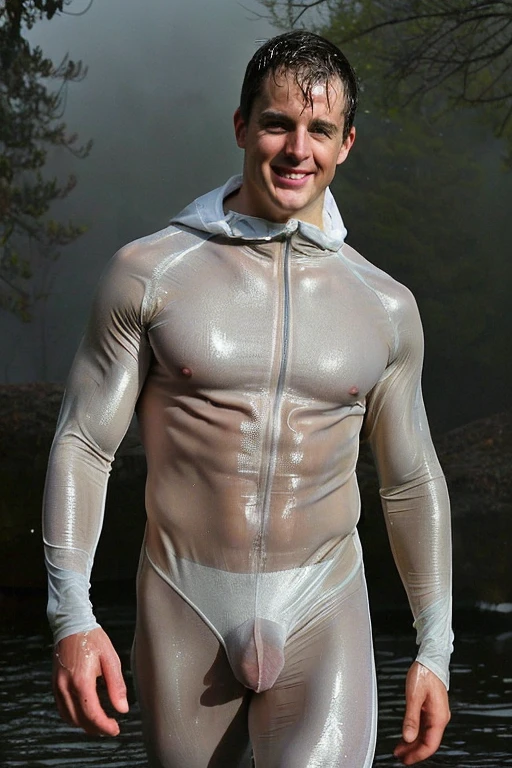 (full head in photo:1.5), pietroboselli person[[(transparent see through long sleeve hooded suit:1.2), muscular, [detailed face]]], detailed background, highly detailed hdr photo, nsfw, six packs, bulge, vpl, looking at viewer, walking towards viewer, cinematic lighting, beautiful lighting, cinematic lighting, (hazy filter, film grain:1.2), coy smile, (slightly wet:1.5)