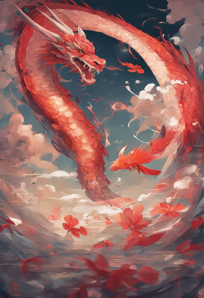 movie picture quality，style of disney animation，A dragon plays games in the sea with a koi carp in its arms，Glass bottle，glass in sky，Chinese dragon anthropomorphic image，red colour，depth of fields，to emphasize，Real light，ray traycing，oc rendered，hyper realisitc，Best quality，8K，Works of masters，ultradetailed，Correct anatomy，Eyes in focus，bokeh，Facial features are carefully drawn