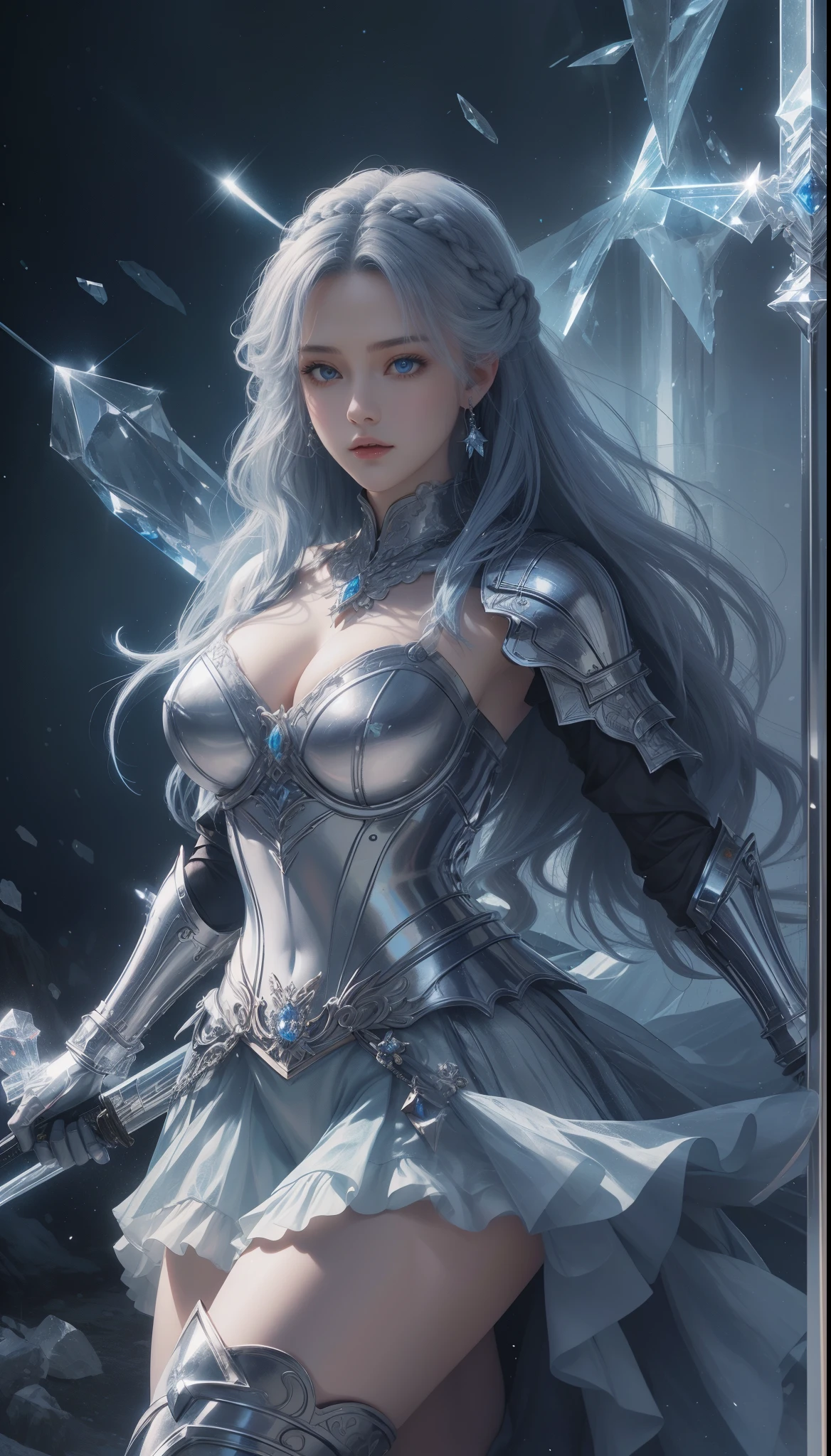 tmasterpiece,Highest image quality,,Beautiful female knight full body portrait,Exquisite blue braid hairstyle,Clear eyes,The sword,armour,crystal,Ultra-detailed details,advanced。At the Pixiv Art Station,Break your own power,Luigi,Big breasts exposing cleavage,R-18G