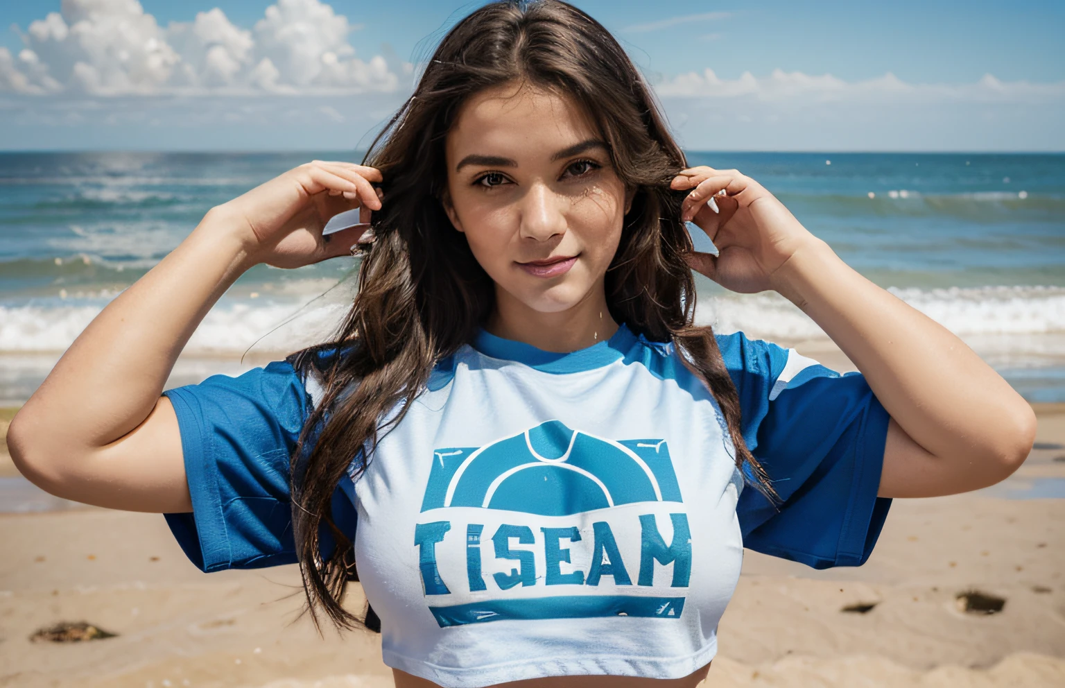 homem de camiseta com logo escrito HorizonHues. he's on a beach, pousando para uma foto com uma bela garota que encanta seus olhos. The weather is sunny and the tide is calm. A cena ganha foco nos homem e na mulher, who are happy with white and blue shirts.