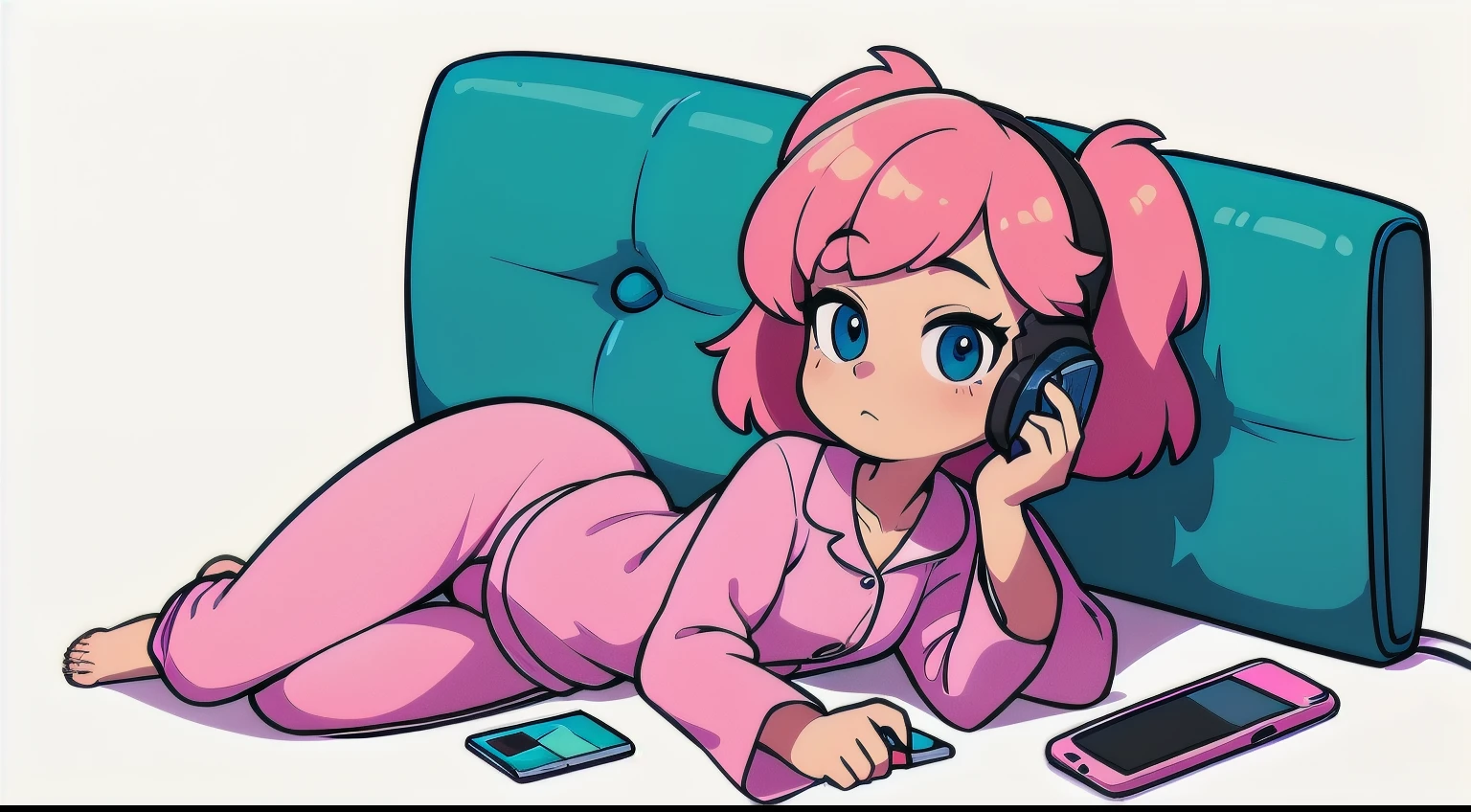 1girl, lying down, ((full body)), cell phone, headphone, light pink hair, ((white background)), pajamas, ((looking on cell phone))