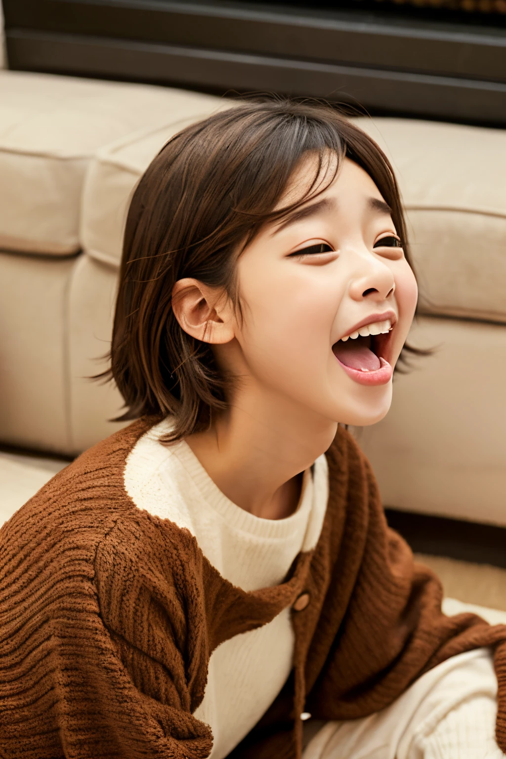 a five years girl、Yawning face、short non-binary person, wavy brown eyes and hair、Simple modern living room background with fireplace