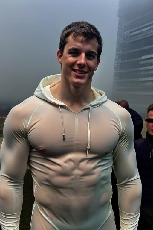 (full head in photo:1.5), pietroboselli person[[(transparent see through long sleeve hooded suit:1.2), muscular, [detailed face]]], detailed background, highly detailed hdr photo, nsfw, six packs, bulge, vpl, looking at viewer, walking towards viewer, cinematic lighting, beautiful lighting, cinematic lighting, (hazy filter, film grain:1.2), coy smile