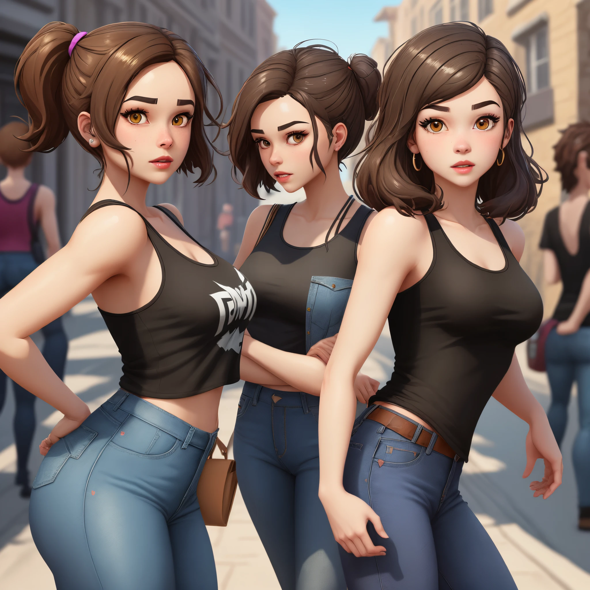 Make a fortnite character thats female, with straight brunette hair, brown almond eyes, heart shaped lips, skinny, with a black tank top and flared jeans