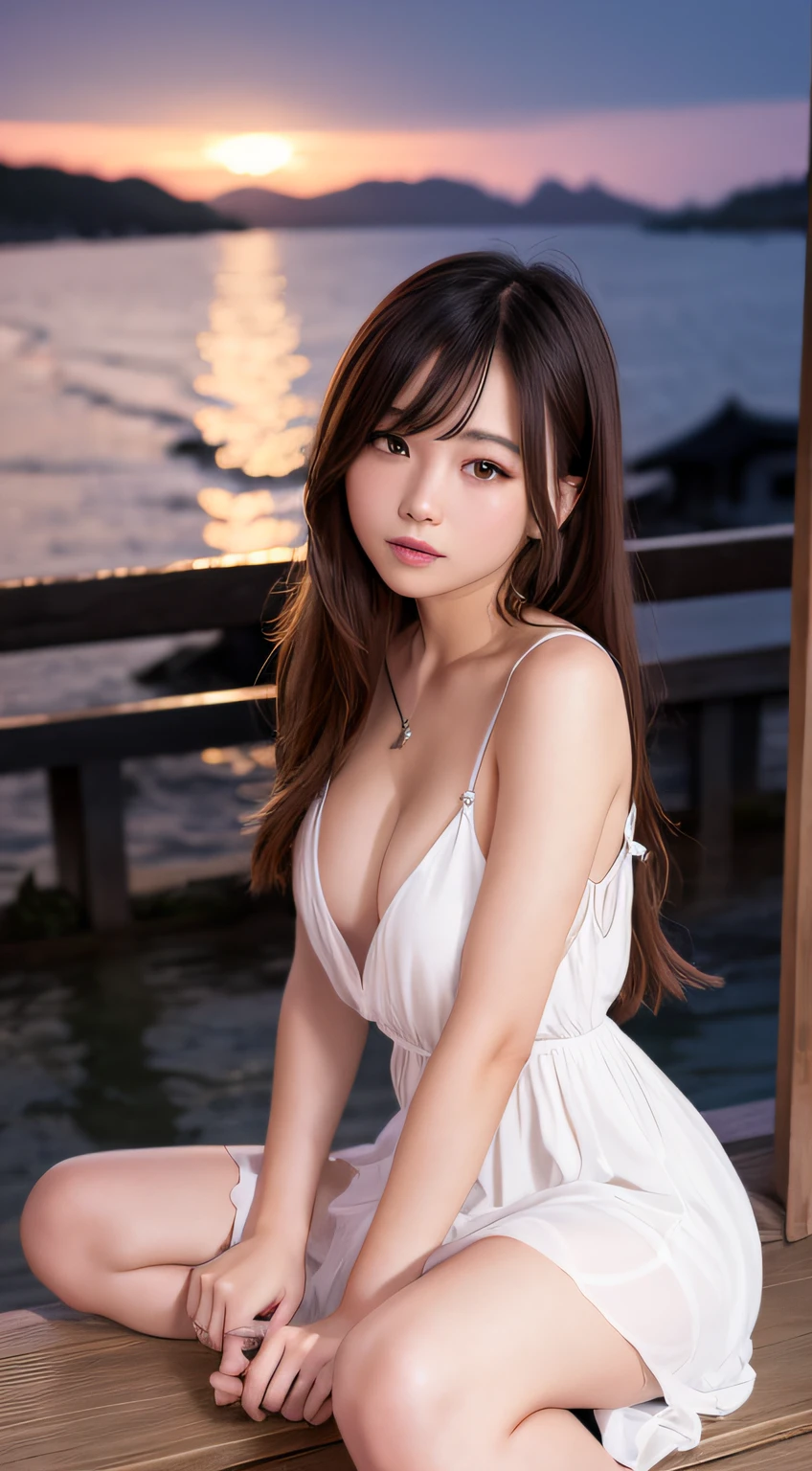 top-quality、​masterpiece、ultra res、a beauty girl、night seaside、cute girl face、party dress、is wearing dress、full body Esbian、Famous actresses of Japan、Very beautiful face、A sexy