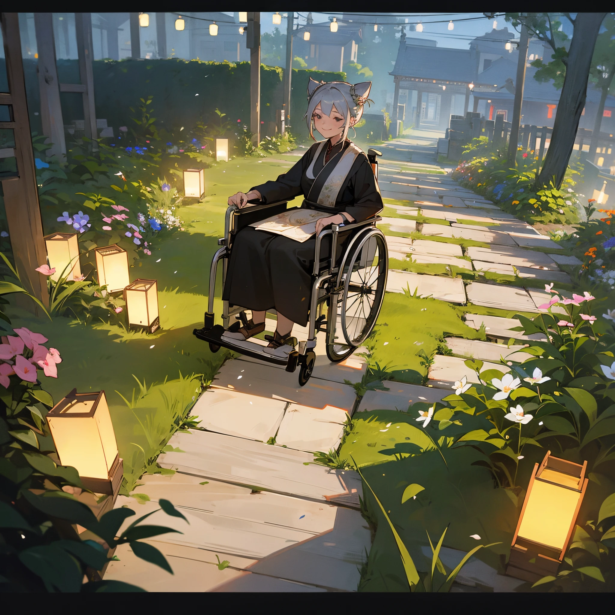 1female, elderly, grey bun, wheelchair, light smile, garden with flower, village, lanterns