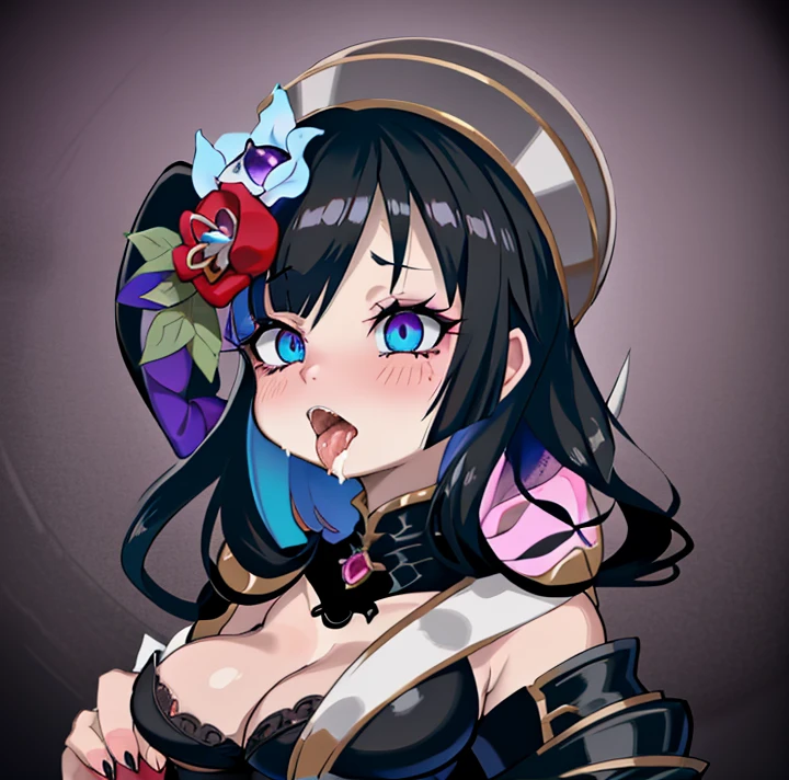 (Ahegao) Anime girl with black hair and blue eyes in a room..............., Anime visual de una mujer joven, shalltear from overlord, Hanayamata, Anime visual de una chica linda, seductora chica de anime, Anime Moe Artstyle, 8k!!, 8k!, Retrato de anime de Shiina Ringo, official anime still, Escena de noire moody, Hana Yata (Ahegao)