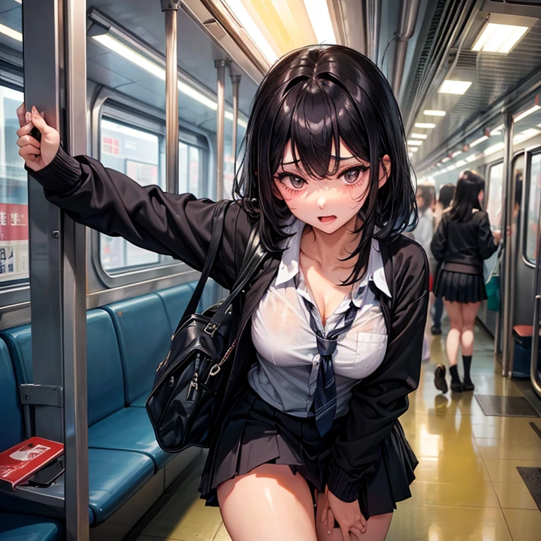 (highest qualityr)), ((obra maestra)),、Resultado del tono、mujer adulta、 ((Tiro de panty:1.5))、En pie piernas abiertas、lift skirt 、rubio、ojos verdes、(Cum en desbordamientos :1.5)、 small boobs、sobbing tears、(Tanga:1.0)、 Rodillas altas blanco、( en vaginal:1.3)、 en la boca、(Underboob,show off nipple:1.0)、muchos estudiantes alrededor、 Enfoque bajo vista、NSFW, realista, obra maestra, VERY crowded subway train interior detailed scenario, VERY crowded subway train interior detailed background, Mini falda sexy, (fear expression), cara sonrojada, Attractive man groped woman 1 from behind,(((Hombre atractivo presionyo su pecho sobre la mujer 1 espalda))) y (((holding her waist behind her)))