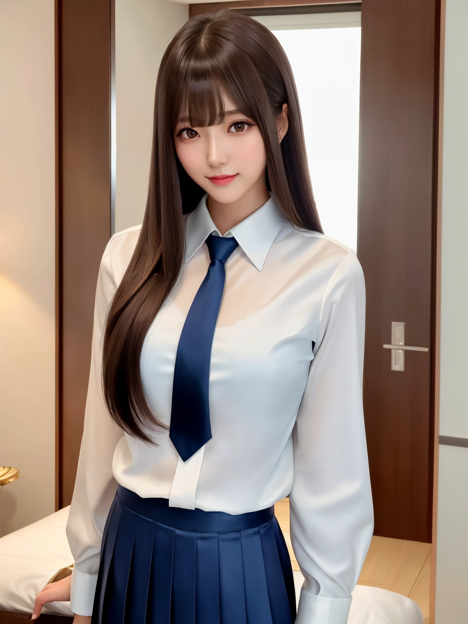 product quality, 1girl, upper body shot, front view, a Japanese young pretty woman, long bob hair, standing alone with a big smile in her luxury room in the night, glamorous figure, wearing a long sleeve and white collared silky satin shirt, shiny satin dark blue plain long tie, dark blue pleated long skirt, hyper cute face, glossy lips, double eyelids in both eyes, natural makeup, long eyelashes, shiny smooth light brown long bob hair, asymmetrical bangs, central image, high resolution, high detail, detailed hairstyle, detailed face, spectacular cinematic lighting, octane rendering, vibrant, hyper realistic, perfect limbs, perfect anatomy