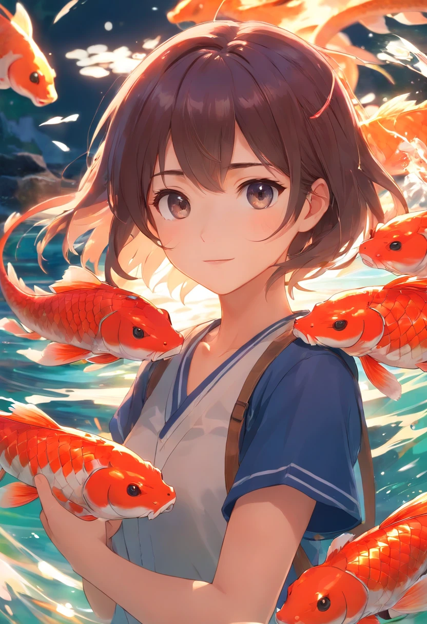 movie picture quality，style of disney animation，A dragon plays games in the sea with a koi carp in its arms，Glass bottle，glass in sky，Chinese dragon anthropomorphic image，red colour，depth of fields，to emphasize，Real light，ray traycing，oc rendered，hyper realisitc，Best quality，8K，Works of masters，ultradetailed，Correct anatomy，Eyes in focus，bokeh，Facial features are carefully drawn