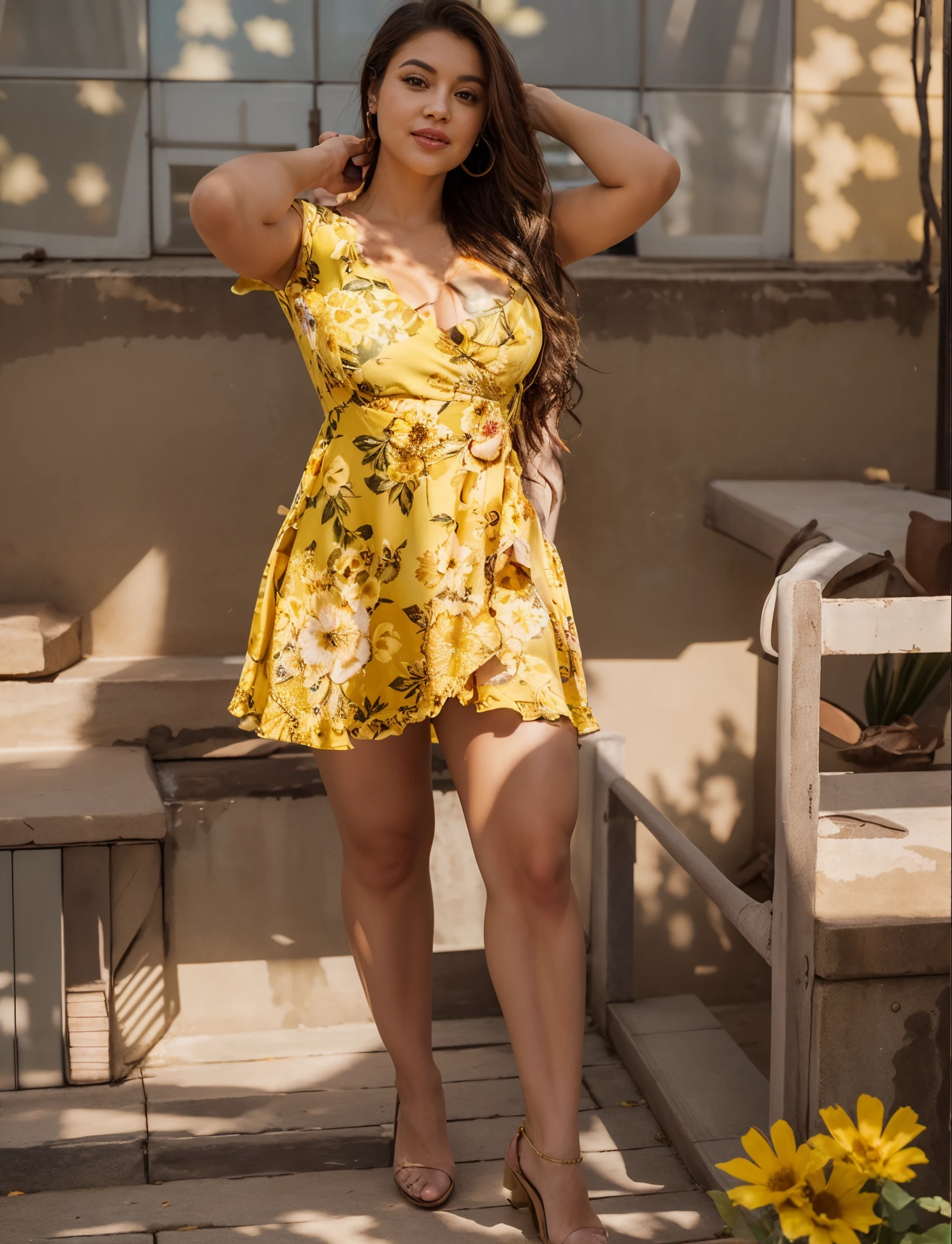 a woman in a yellow floral dress posing for a picture, full body! pretty face, short dress, yellow ornate dress, short minidress, full body photogenic shot, frock, wearing in a summer dress, gorgeous lady, hot with shining sun, full body shoot, pretty girl, sexy girl, full body:: sunny weather::, stuning, full body picture