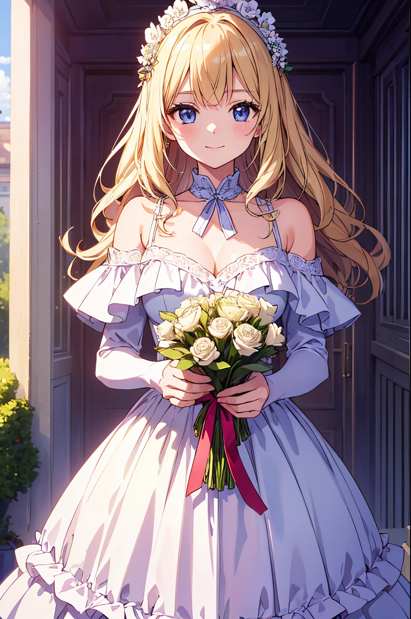 (tmasterpiece、top-quality、illustratio、Extremely high quality、high-level image quality、Extremely sensitive writing)Blonde girl standing in beautiful garden、A slight smile、She has a large bouquet、Cute national costume style dress，There are ruffles on the shoulders、Hair fluttering in the wind