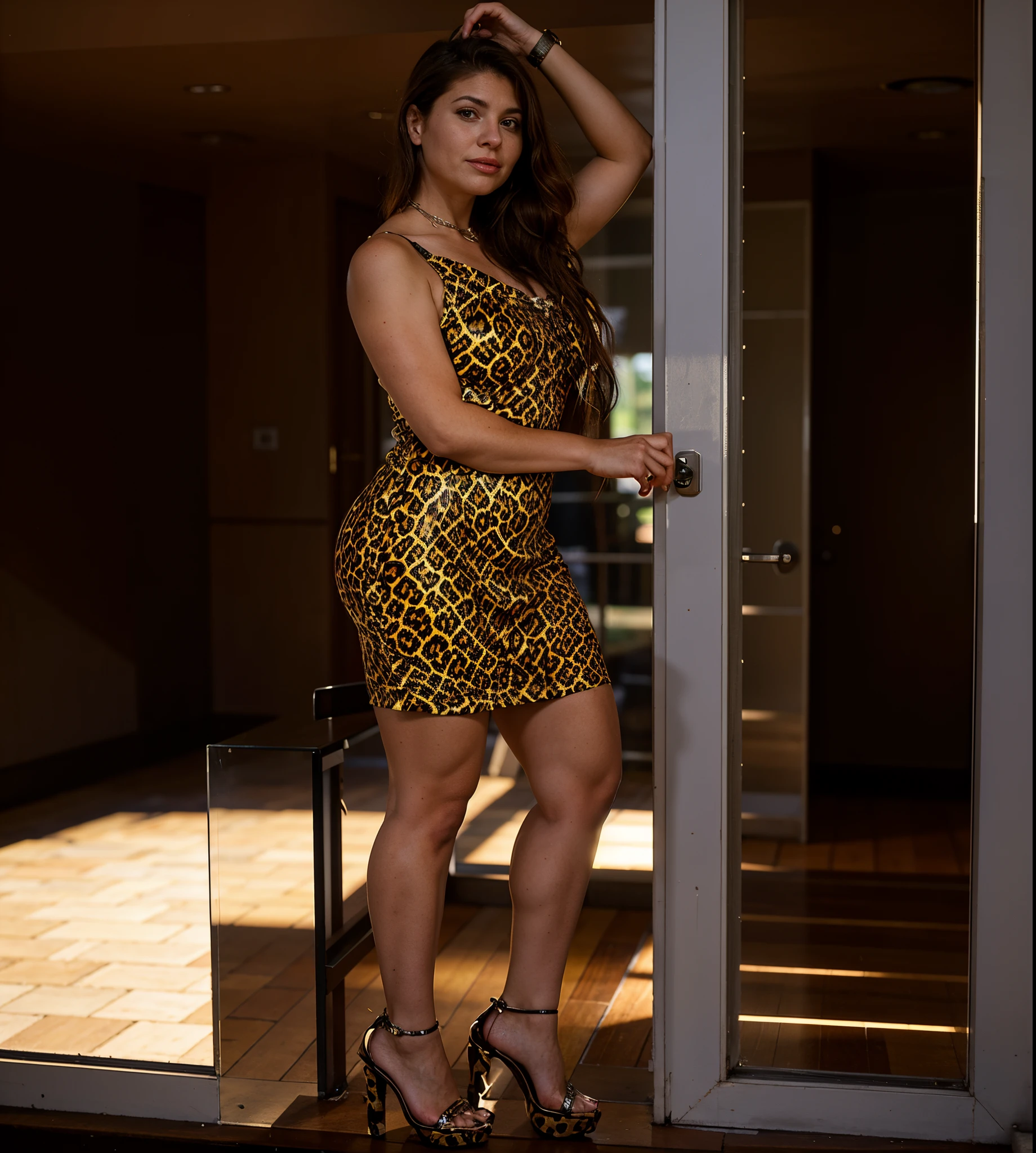 araffes in a leopard print dress and high heels posing for a picture, lorena avarez, she is about 3 0 years old, she is about 30 years old, short dress, marischa becker, short minidress, she is about 2 5 years old, violet myers, she is about 2 0 years old, she is about 20 years old