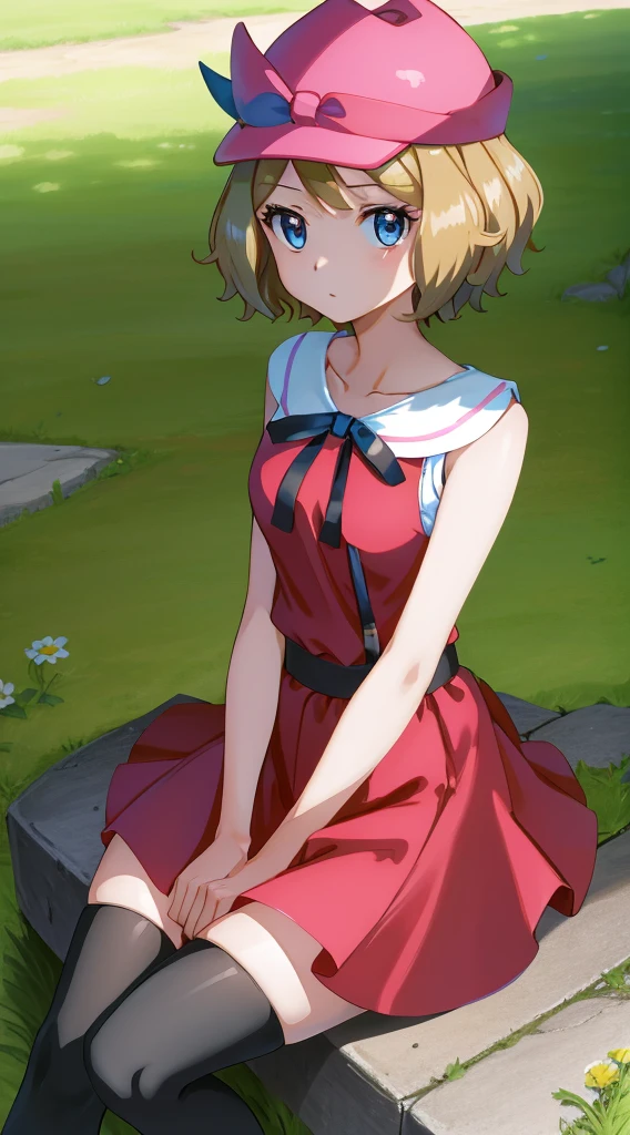 masterpiece, best quality, highres, serena \(pokemon\), short bob cut hair, blue eyes, medium breasts, mature body and face, 1girl, solo, blue ribbon, eyelashes, black thighhighs, neck ribbon, sleeveless, bangs, collarbone, bare arms, pink dress, red coat, pink headwear, outdoors, sitting, peace_sign,