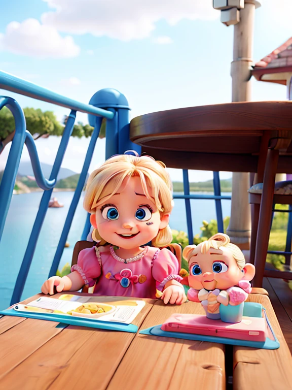 there is a  girl with blue eyes sitting on a high chair on a deck, babies in her lap, portrait shot, alexa grace, very silly looking, big cheeks!, portrait mode photo, looking to the side off camera, portrait image, rosey cheeks, medium portrait, mid portrait, looking cute, welcoming grin, she is smiling and excited, mischievous grin