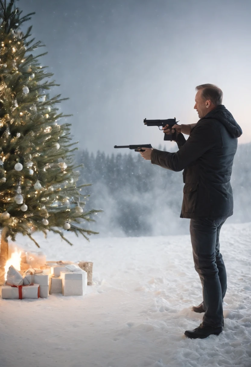 movie「die hard 2」Famous scenes of、Bruce willis、Snow Airport、terrorist、gun fight、Christmas tree、hold a gun、Yuki、Yuki、Yuki、white Christmas、Christmas tree、Aircraft burning in the background、gun fight、