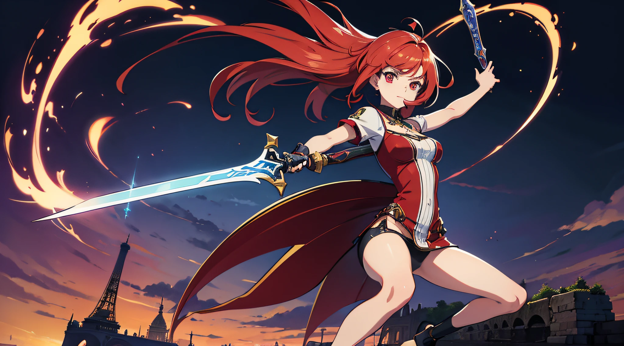 highres,masterpiece:1.2), chica de cabello lago de color rojo y ojos rojos con espada en mano, background de Paris Francia, cuerpo completo, manos perfectas, Good anatomy, color 2d estilo anime, 5 dedos, dynamic pose, chica con una espada en mano, France Paris background. fondo detallado, fondo color 2d estilo anime, 2d anime, estilo anime. solo una chica. cuerpo completo, Sword with Cybermpunk style design, espada gigante cyberpunkpunk.