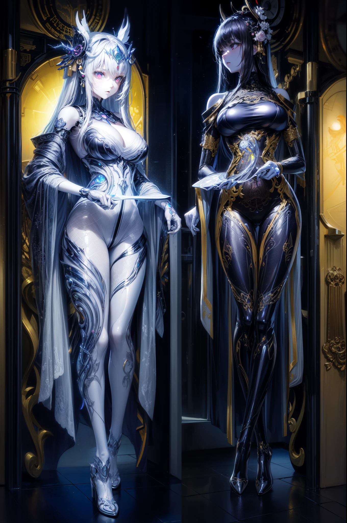 Photos of Japanese female robots in their 20s,Made of white and silver clear glass and plastic, geisha makeup, Black hairstyle, Silver and gold metallic interior, dynamicposes, flowing organic structure, Meticulous carving, Lace design, Glowing gold circuit, Colorful neon lights decoration, Meticulous carving, Lace design, glowing circuitry, neon trim, H'artistically.r. Giger, Greg Rutowski