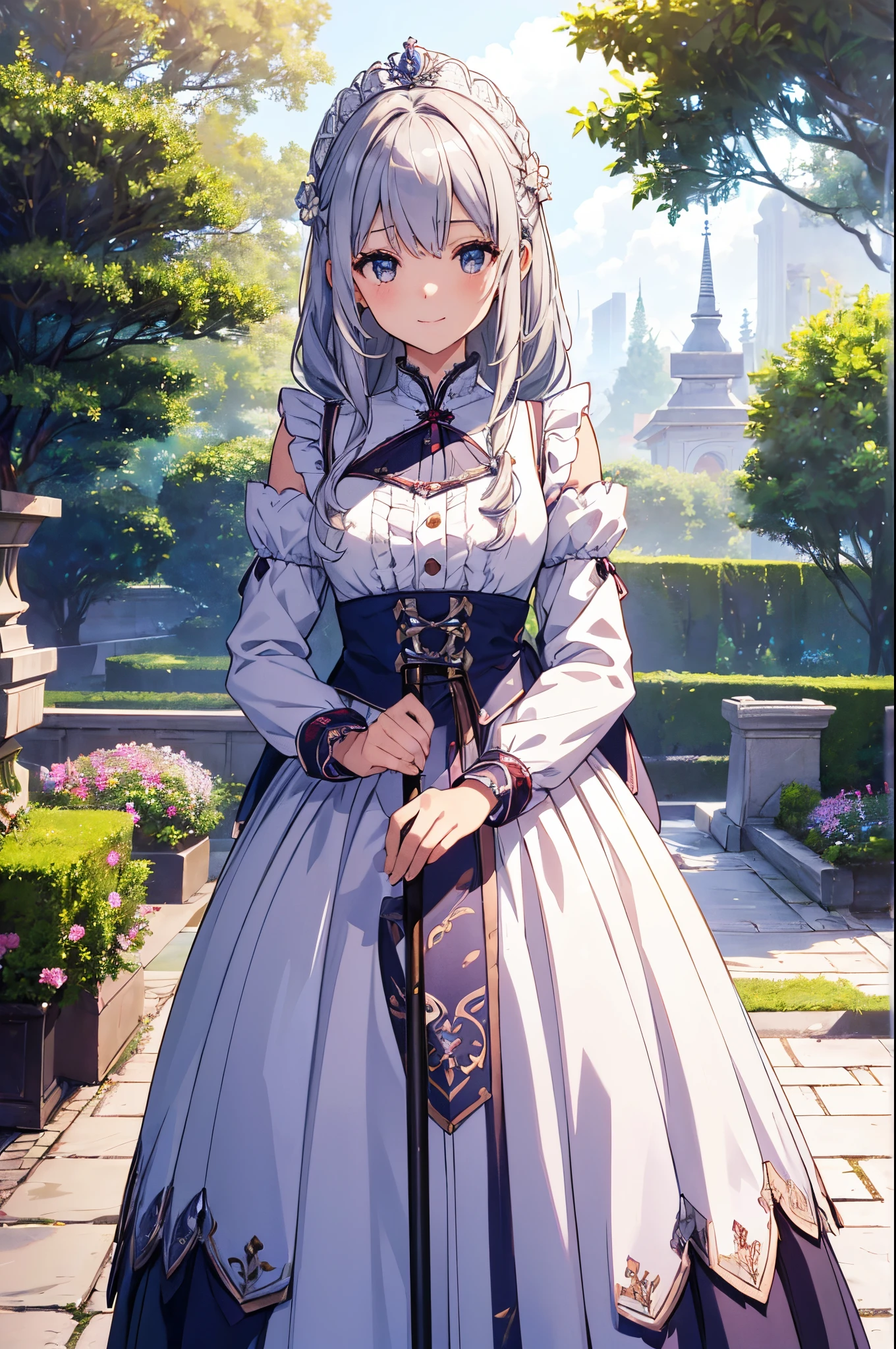 (tmasterpiece、top-quality、illustratio、Extremely high quality、high-level image quality、Extremely sensitive writing)A silver-haired girl standing in a beautiful garden、A slight smile、she has a big cane、Cute national costume style dress，There are ruffles on the shoulders、Hair fluttering in the wind