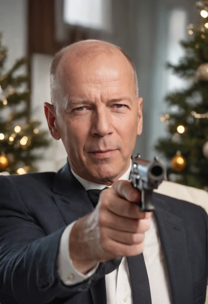movie「die hard 2」Famous scenes of、Bruce willis、Snow Airport、terrorist、gun fight、Christmas tree、hold a gun、Yuki、Yuki、Yuki、white Christmas、Christmas tree、Aircraft burning in the background、gun fight、