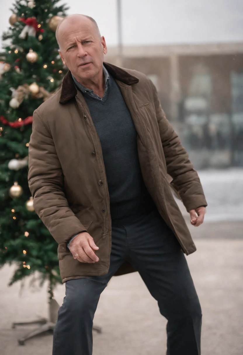 movie「die hard 2」Famous scenes of、Bruce willis、Snow Airport、terrorist、gun fight、Christmas tree、hold a gun、Yuki、Yuki、Yuki、white Christmas、Christmas tree、Aircraft burning in the background、gun fight、