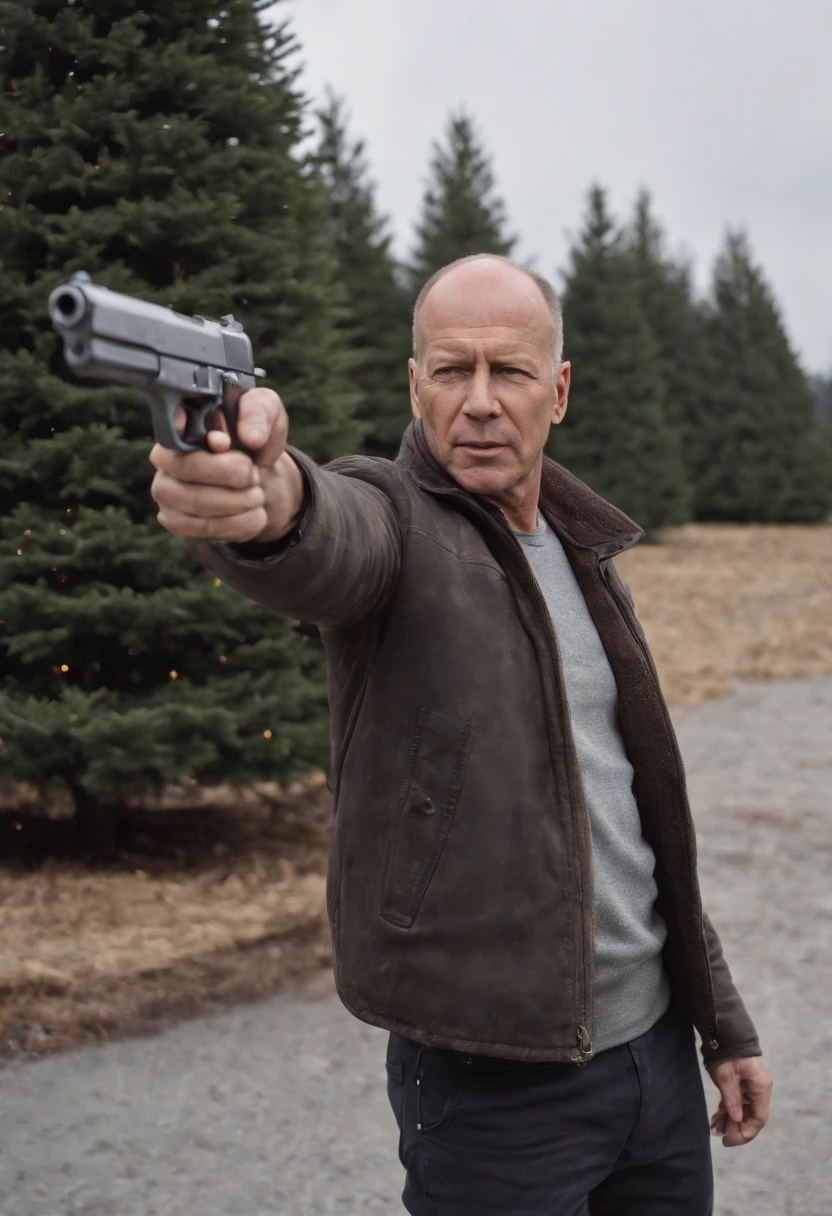 movie「die hard 2」Famous scenes of、Bruce willis、Snow Airport、terrorist、gun fight、Christmas tree、hold a gun、Yuki、Yuki、Yuki、white Christmas、Christmas tree、Aircraft burning in the background、gun fight、