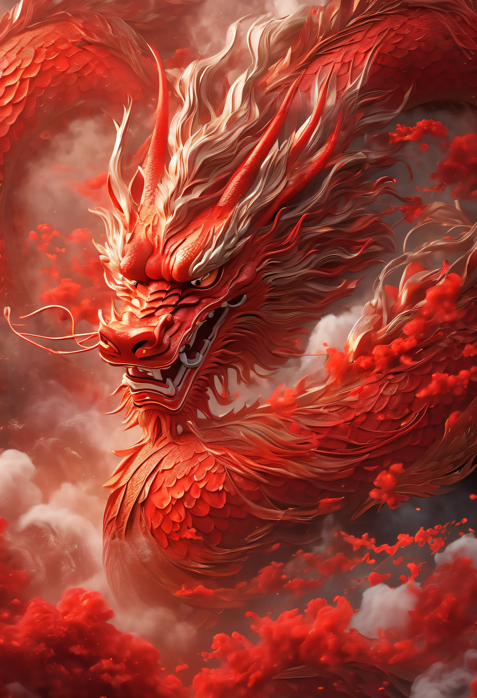 On a poster of a Chinese TV series, There is a red Chinese dragon, very tame, calm mood, Vibrant Chinese dragon style, Osareki, Ultra high-definition images, Maggie Smo, photographed, Red, Safflower elements, Smoke shrouds in fantastic fine detail, 8K