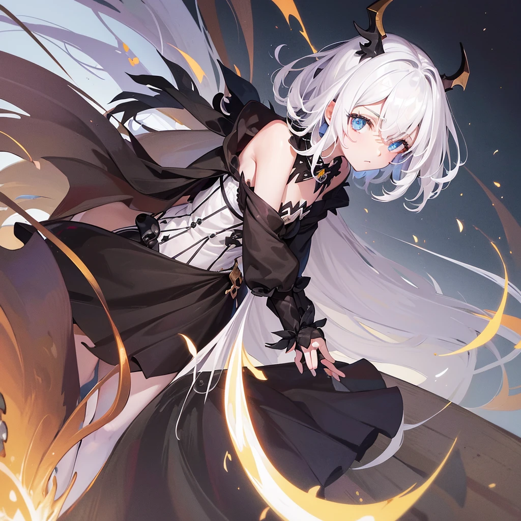 (melhor qualidade: 1.0), (super high res: 1.0), 1girl, personagem extremamente detalhado, detailed hands, Half-dragon girl, chifres, Dragon horns, Girl with black dragon tail, Black dragon tail, Cabelo extremamente detalhado, cabelo curto, ((short hair)), ((cabelos brancos)), ((mechas da cor preta)), olhos extremamente detalhados, olho com cores diferentes, Heterocromia, Olho direito de cor branca, Olho esquerdo de cor preta, dragon eyes, 2D, Arte de Anime, ((barnet)), ((corpo inteiro)), standing on her feet, medieval, RPG, pequena, baixa, (Altura Pequena), peitos pequenos, (adolescente), olhar morto, grim expression, preocupado, look of tiredness, camisa de manga comprida, Black jacket, brincos de estrela + Branco, vestido longo medieval + preto, pantyhose + black + white, salto alto, garras