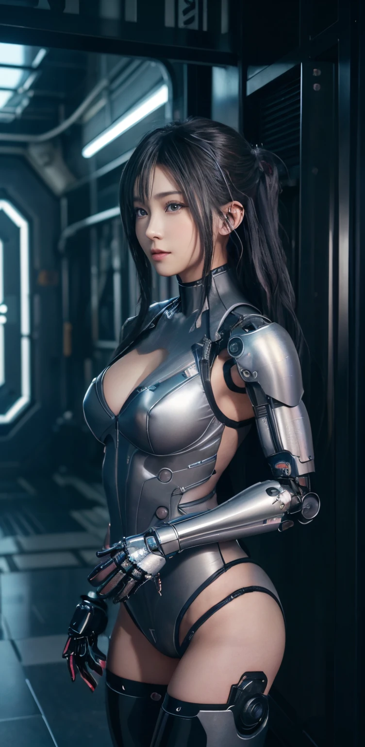 masterpiece、((Grey leotard))、 ((plugsuit)), ((a beauty girl:1.6))、I don't have both arms.、Some mechs、Mechanized body、Mechanized chest and abdomen、Mechanized occipital、Mechanized legs、Black metallic suit tight to the body、is standing、Tied up、Metal Robot、((Cyberpunk background))、(Neon light)、(Background of the machine shop of the future)、Cyberdyne、Artificial bodies、All-metal body、Ironwork、Abdominal mechanism、((Robotic Arms and Hands))、((Robot legs))、((Cervical part of the machine))、Inside the spaceship、a beauty girl、、Asian Beauty, (Abdomen exposes actuators and cables)、From the neck down is the body of a metal robot、Complex 3d rendering beautiful porcelain profile super detailed female android face、cyborgs、roboticparts、150mm、beautiful studio soft light、Rim Lights、vibrant detail、luxuriouscyberpunk、Ren Hao、surrealistic、Anatomical、face muscles、cable electric wires、microchips、elegent、beatiful backgrounds、octan render、HR Giger Style、8K、top-quality、masterpiece、illustratio、extremely delicate and beautiful、 extremely details CG、Unity、wall-paper、(realisitic、Photorealsitic:1.37)、astonishing、detaile、masterpiece、best qualtiy、Official art、Highly detailed CG Unity 8k wallpaper、absurderes、incredibly absurdness、、机器人、Silver Halmet、full body Esbian、is standing