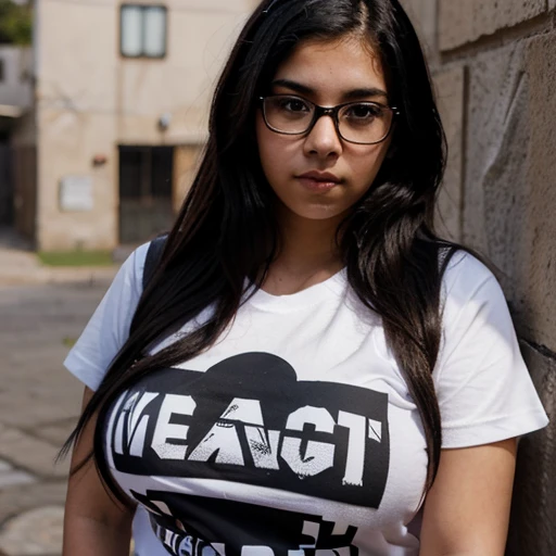 Nerdy Emo mexican teen with voluptuous breasts wearing a t-shirt
