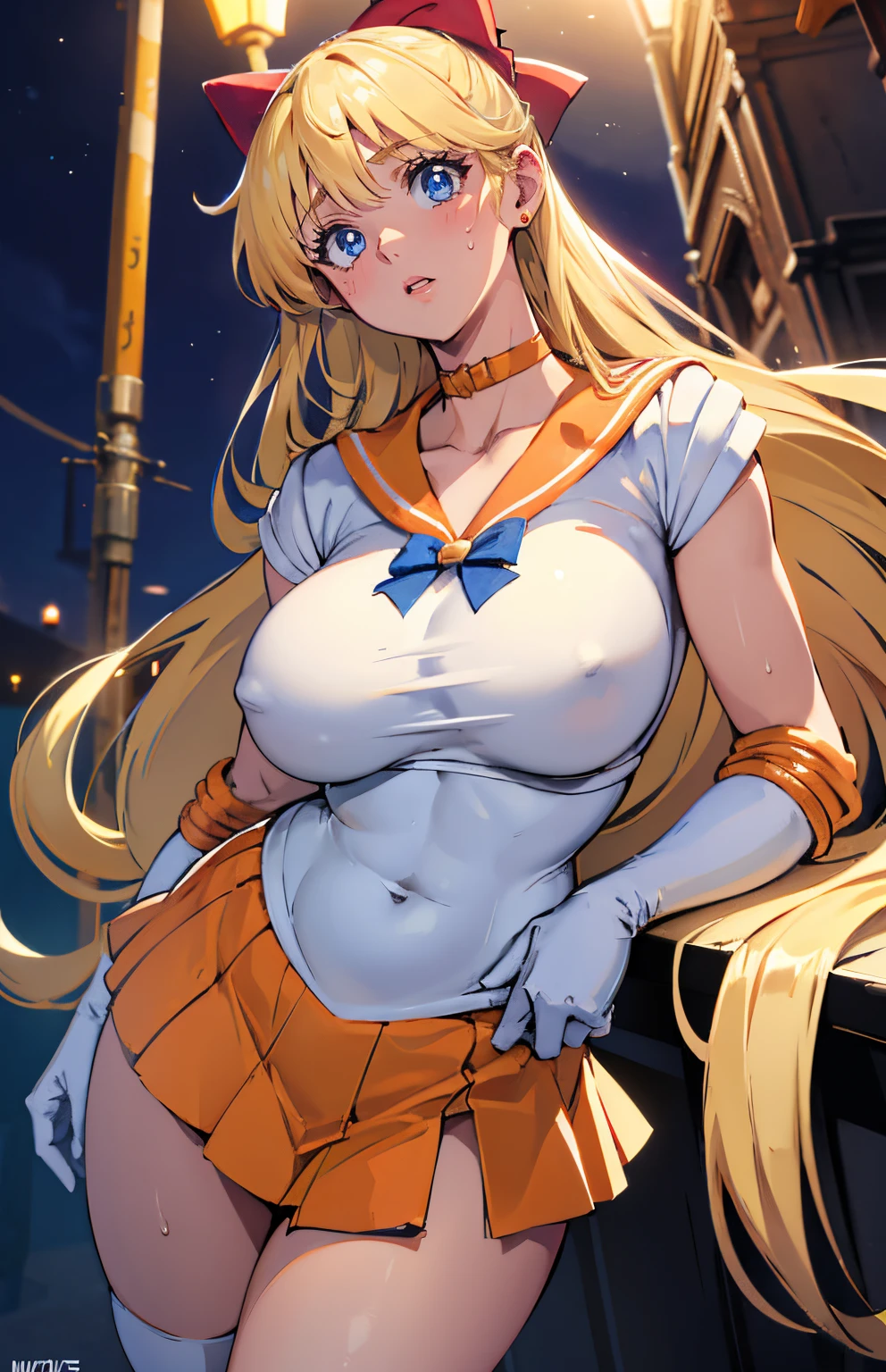 (tmasterpiece:1.2, Best quality at best), actual, (Real pictures, Complicated details, depth of fields), tmasterpiece, Best quality at best, tmasterpiece,Best quality,A high resolution,venus1,1个Giant Breast Girl,独奏,Sailor warrior uniform,sailorvenus,Minako Aino,blonde with blue eyes,magical girl,eBlue eyes,orangeskirt,Wear gloves on elbows,Headgear,pleatedskirt,Bow knot,Orange sailor collar,mini-skirts,Collar,red bowtie,Orange collar,whitegloves,Extra-long hair,jewely,ear nipple ring, thicc, Fair and translucent skin, Colossal tits, Crazy breast swelling, Chest larger than shoulder blades, The waist is thin and the legs are thick, Pelvis larger than shoulder blades, Fitness model, Ruddy cheeks, breath through, sweaty, drenched all over the body, wheezing, Stand in the alley at night, Five fingers