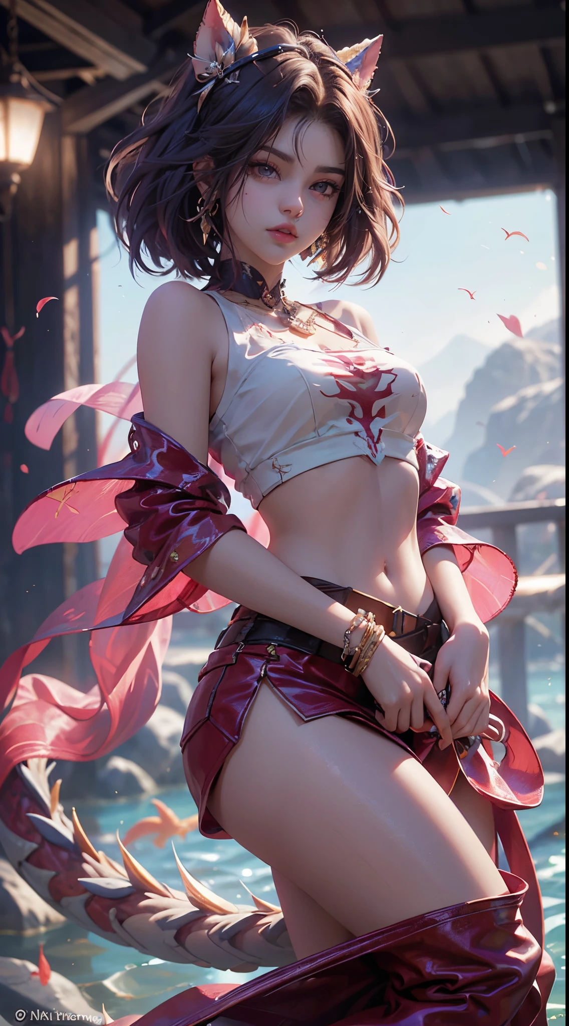 Selena Gomez, movie picture quality，style of disney animation，A dragon plays games in the sea with a koi carp in its arms，Chinese dragon anthropomorphic image，red colour，depth of fields，to emphasize，Real light，ray traycing，oc rendered，hyper realisitc，Best quality，8K，Works of masters，ultradetailed，Correct anatomy，Eyes in focus，bokeh，Facial features are carefully drawn,4 k detail fantasy,,More detailed 8K.motor irreal:1.4,UHD,La mejor calidad:1.4, fotorrealista:1.4, textura de la piel:1.4, obra maestra:1.8,obra-prima, mejor calidad,objeto Objeto], (detailed face features:1.3),(manos detailed),(Selena Gomez:1.4)