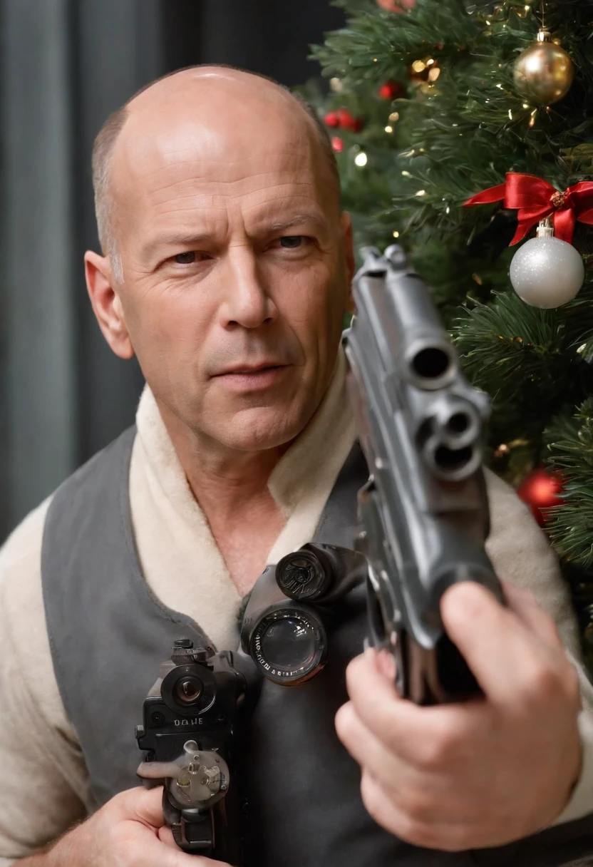 movie「die hard 2」Famous scenes of、Bruce Willis、Snow Airport、terrorist、gun fight、Christmas tree、hold a gun、yuki、yuki、yuki、white Christmas、Christmas tree、Aircraft burning in the background、gun fight、