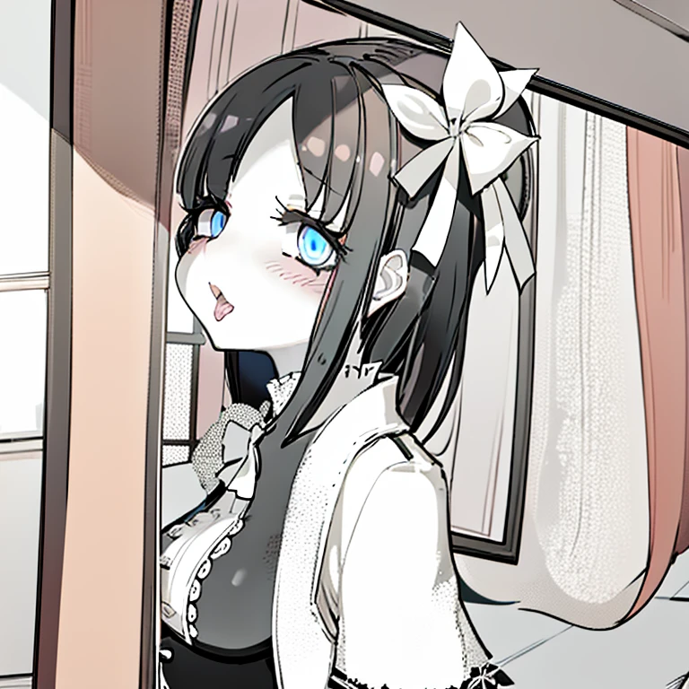 (Ahegao) Anime girl with black hair and blue eyes in a room.................., Anime visual de una mujer joven, shalltear from overlord, Hanayamata, Anime visual de una chica linda, seductora chica de anime, Anime Moe Artstyle, 8k!!, 8k!, Retrato de anime de Shiina Ringo, official anime still, Escena de noire moody, Hana Yata (Ahegao)