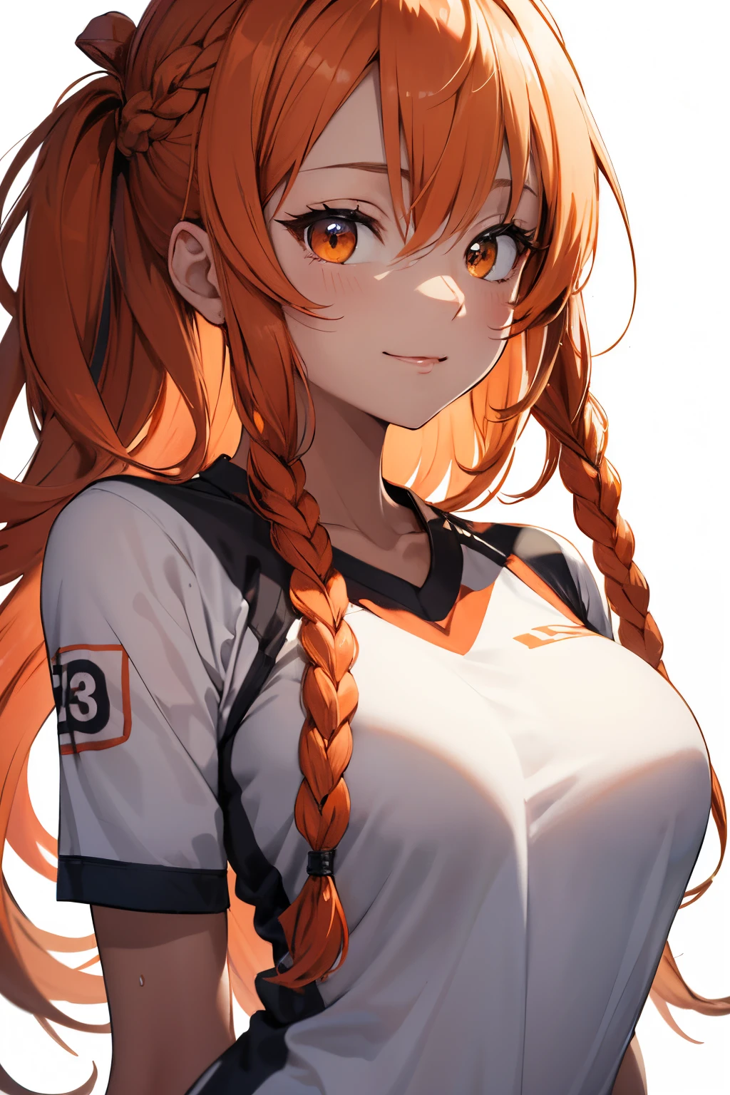 Insane details, ray-traysing, 8K, HD, 1girl arms behind back black buruma braid breasts buruma closed mouth film grain french braid gym shirt gym uniform hair flaps long braid long hair looking at viewer medium breasts multicolored hair orange eyes orange hair red hair shirt sidelocks simple background skindentation smile solo streaked hair very long hair virtual youtuber white background white shirt adult shadow everywhere soft light