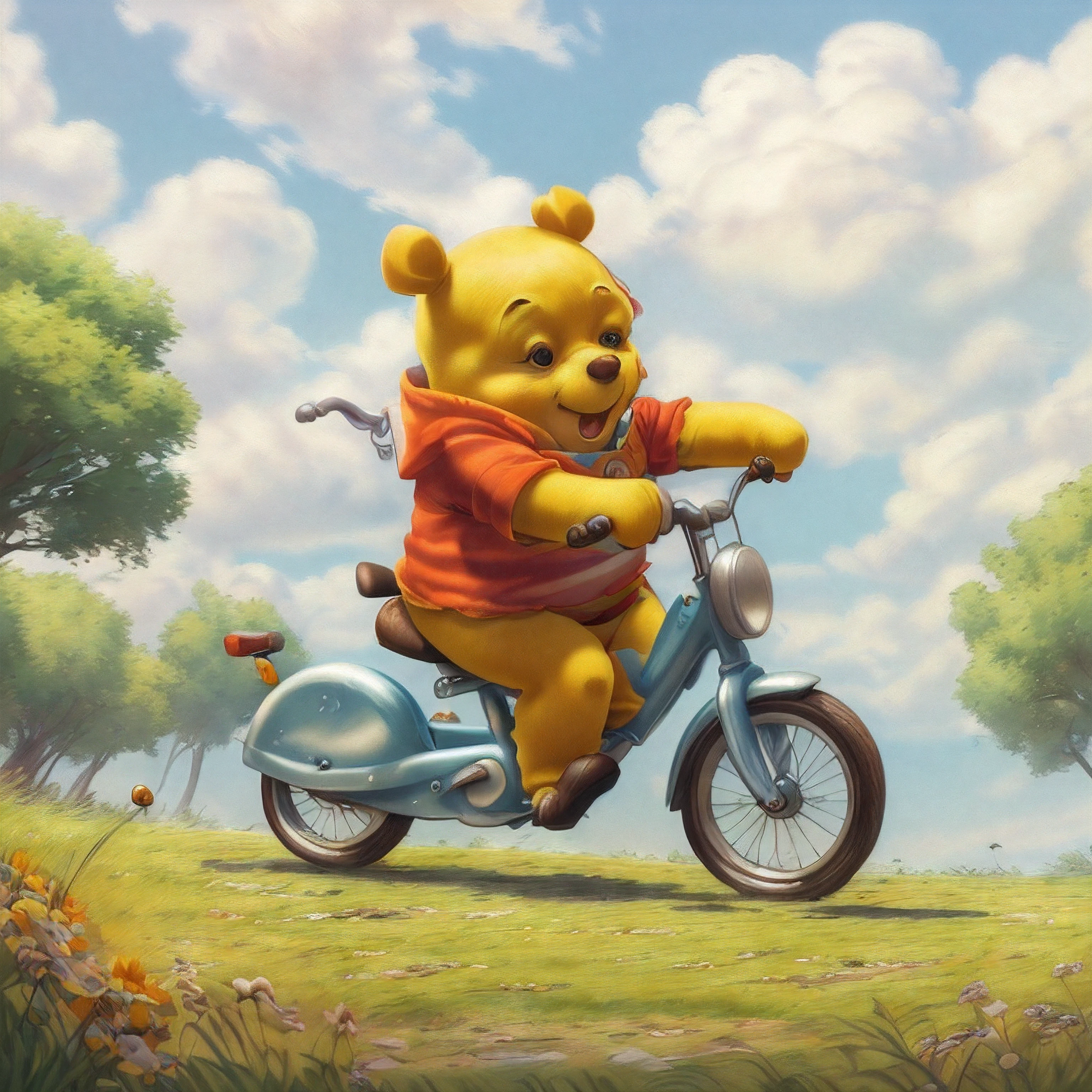 (8K、Raw photography、top-quality、​masterpiece:1.2)、(realisitic、Photorealsitic:1.37), winnie the pooh riding a bike, winnie the pooh, epic titan winnie the pooh,  as winnie the pooh, illustration!, hd illustration, riding a bike