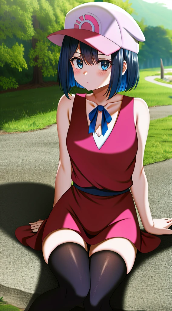 masterpiece, best quality, highres, dawn \(pokemon\), blue hair,  short bob cut hair, blue eyes, medium breasts, mature body and face, 1girl, solo, blue ribbon, eyelashes, black thighhighs, neck ribbon, sleeveless, bangs, collarbone, bare arms, pink dress, red coat, pink headwear, outdoors, sitting, peace_sign,