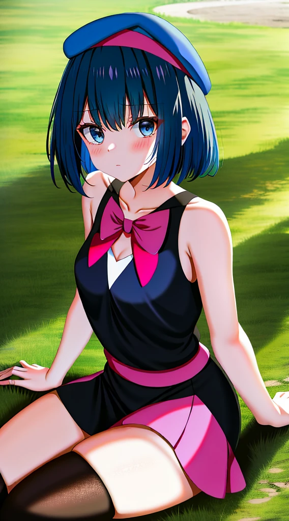 masterpiece, best quality, highres, dawn \(pokemon\), blue hair,  short bob cut hair, blue eyes, medium breasts, mature body and face, 1girl, solo, blue ribbon, eyelashes, black thighhighs, neck ribbon, sleeveless, bangs, collarbone, bare arms, pink dress, red coat, pink headwear, outdoors, sitting, peace_sign,