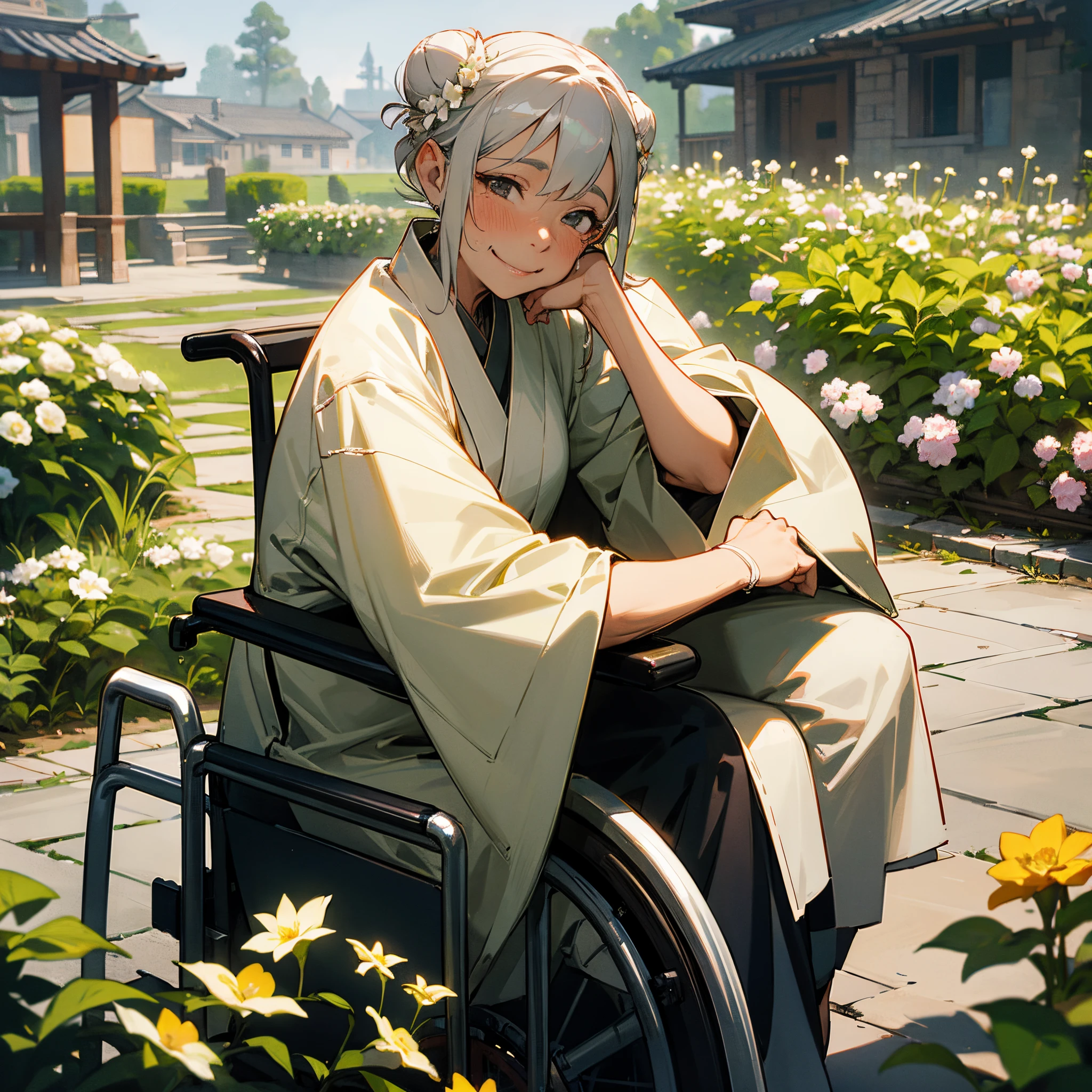 1female, elderly, wrinkled face, wrinkled skin, grey bun, wheelchair, light smile, garden with flower, village, lanterns