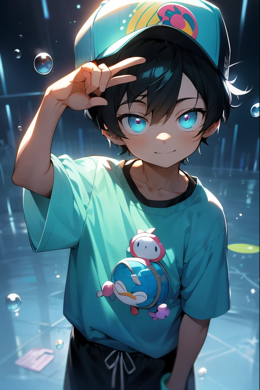 tmasterpiece, Best quality at best, eyes with brightness, 詳細な目, male people, baggy clothes, baseball cap, V sign, (tilt of the head:1.3), high saturated, Colorful, detailedbackground, perfect litthing, shadowing, aquariums, janelas, dark blue theme, airbubble