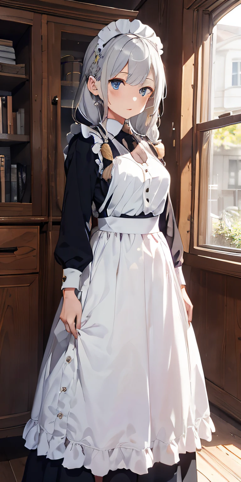 Best Quality, masutepiece, 1girl in, Solo, Silvery hair,Golden hair, (Long hair),maid clothes, ((long  skirt)), country style braids,Head dress,Laced boots,blue eyes,adult lady,tall stature