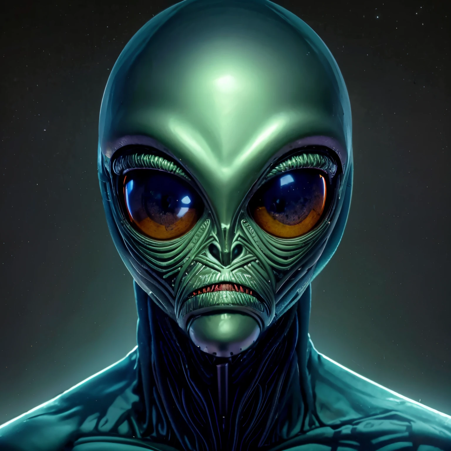 A female alien head shape, water wraith, with inky black hair, large black fish eyes, blue green skin, shark teeth.