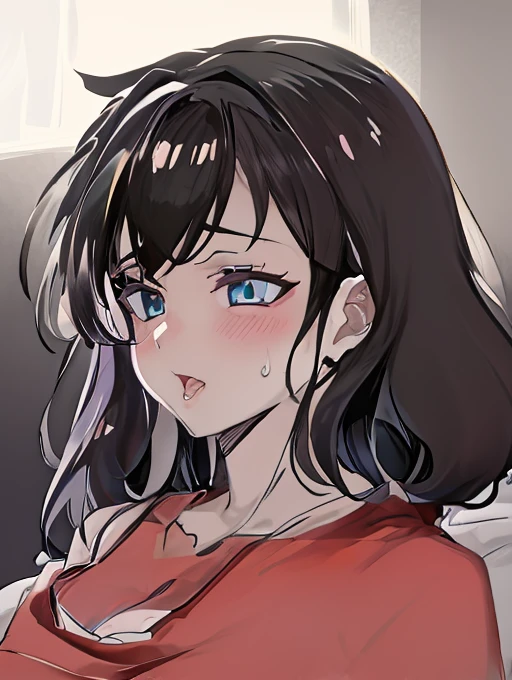 (Ahegao) Anime girl with black hair and blue eyes in a room..................., Anime visual de una mujer joven, shalltear from overlord, Hanayamata, Anime visual de una chica linda, seductora chica de anime, Anime Moe Artstyle, 8k!!, 8k!, Retrato de anime de Shiina Ringo, official anime still, Escena de noire moody, Hana Yata (Ahegao)