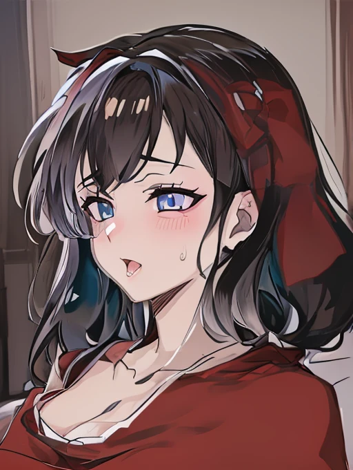 (Ahegao) Anime girl with black hair and blue eyes in a room..................., Anime visual de una mujer joven, shalltear from overlord, Hanayamata, Anime visual de una chica linda, seductora chica de anime, Anime Moe Artstyle, 8k!!, 8k!, Retrato de anime de Shiina Ringo, official anime still, Escena de noire moody, Hana Yata (Ahegao)