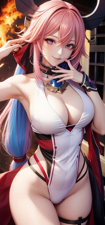 Best Quality, 4K, masutepiece, Extremely detailed, high detailing, 1girl in, Solo, peri, Blue hair, Hair over one eye, multicolored hair, Twin-tailed, Pink hair, Red Eyes, Two-tone hair, Colossal tits, heavy-looking chest, slim down the waist, Slimming legs, toned round buttocks, armor, Smile, Burning city background