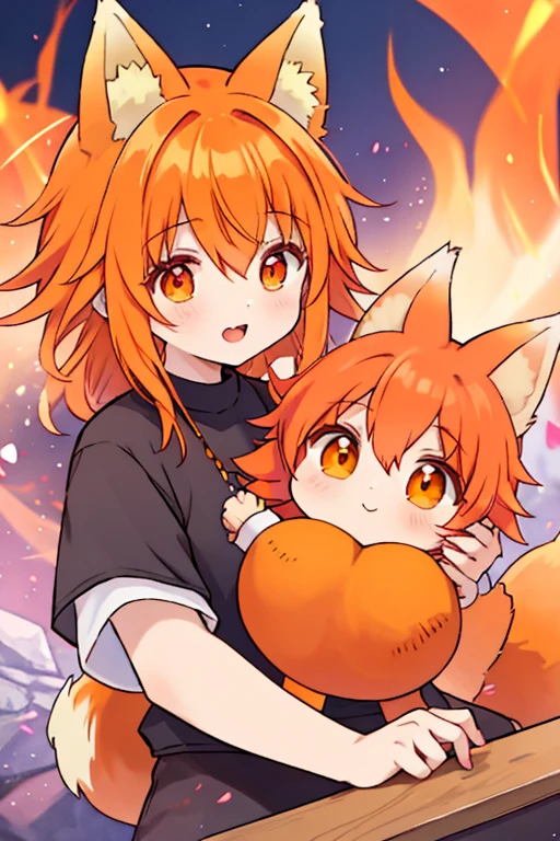 an orange haired male fox demon man with orange fox ears and orange eyes is playing music with a pink haired woman with violet eyes a rock show