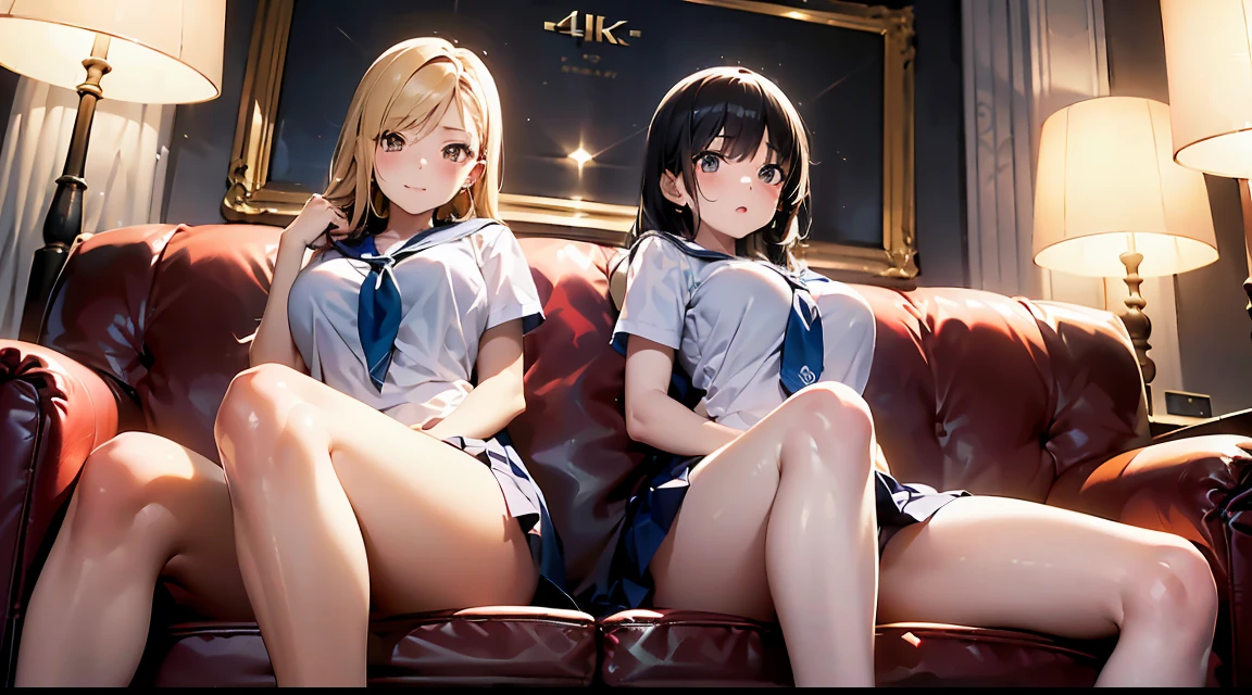 (top-quality,High resolution,(Ultra high definition,4K), (Ultra High Resolution,8K),masutepiece:1.2), (Perfect Anatomy,Anatomically accurate), (Angle from below), (Soft lighting, 光线追踪), (Two cute high school girls), (Close one eye), ((Sitting on a sofa in the lobby of a luxury hotel and opening your legs)), (Girls' High School Sailor Uniform), (Panties with strawberry pattern), (fascinated expression),(Large breasts:1.3), NSFW,(Soft skin), (Photorealistic), (Glowing skin), (blondehair)