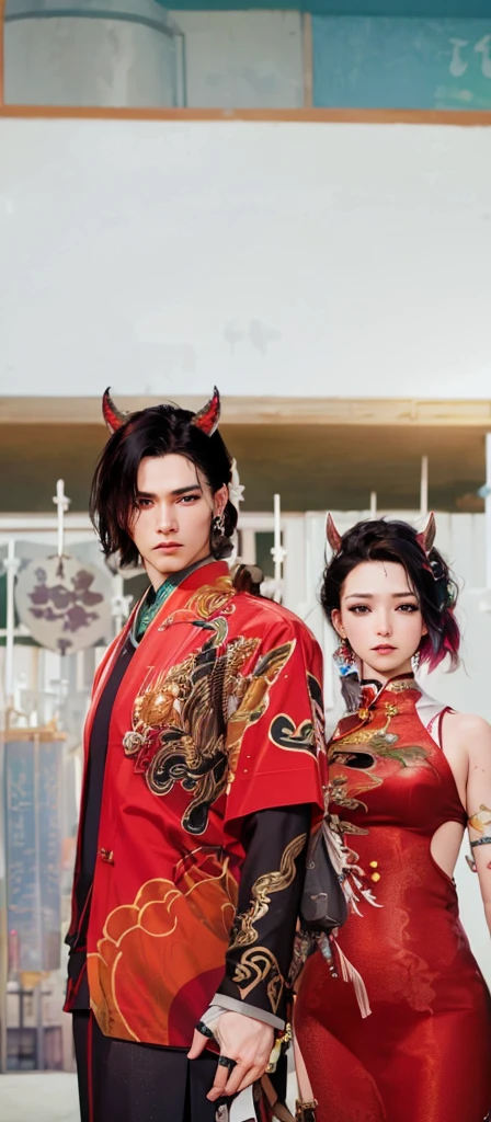 Concept Art, "1 Couple, Male Focus, Finned Ears, Multicolored Hair, Handsome Boy, Long White Hair, Tassels, Bangs, Carp, Colorful, Bold Colors, White Kimono, (Open) Kimono, Traditional Chinese Clothing, Close-up, Intimate Interaction, Stud Earrings, Rings, Sweat, Illuminate People", Colorful, Master Composition with Focus on Key Figures, Realism, Masterpiece, Award-Standing, Best Quality, Masterpiece, Ultra Detailed, 8K, Extremely detailed CG Unity 8k wallpaper, complex, highly detailed, realistic