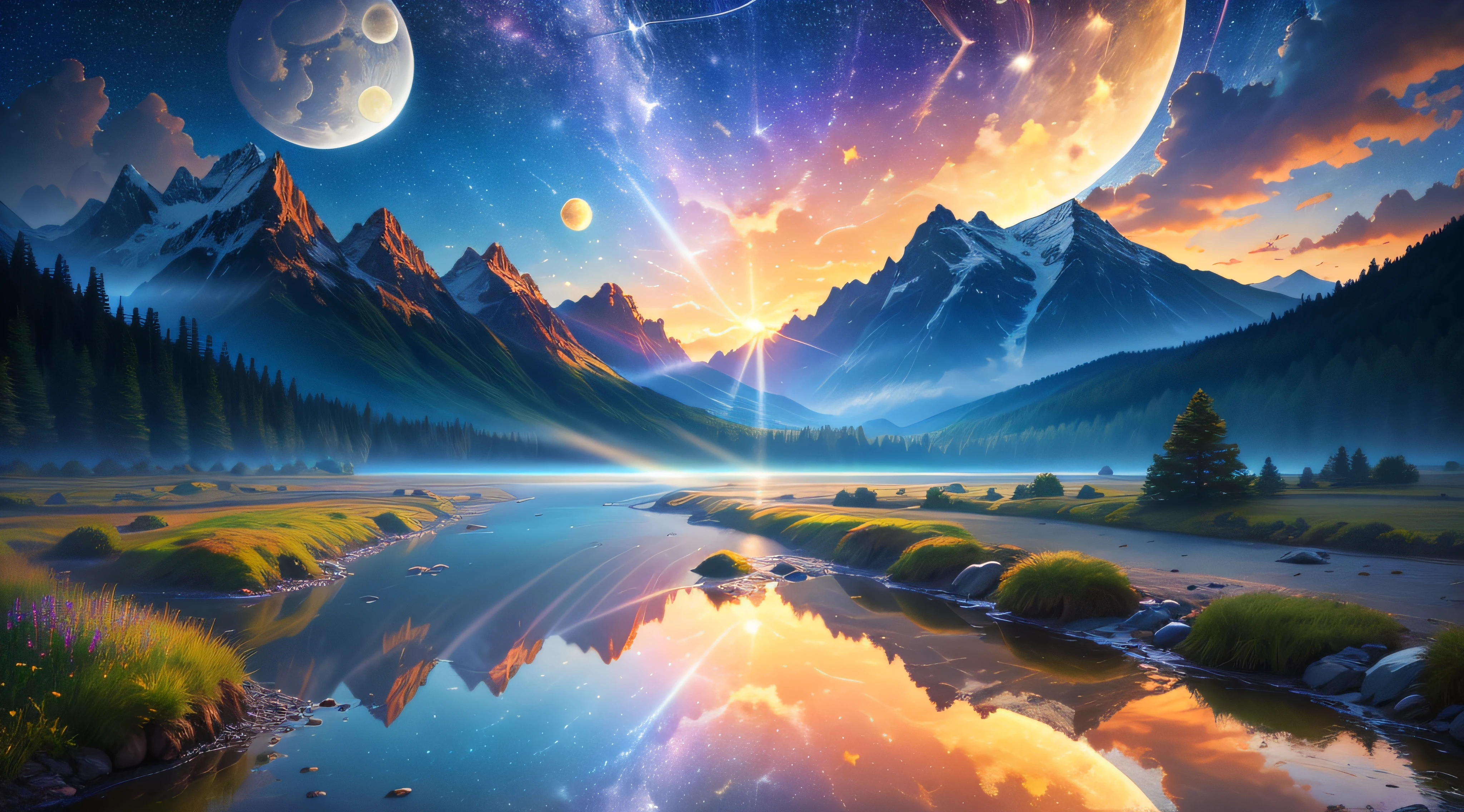 Masterpiece, 8k wallpapers, extremely detailed, best quality, high quality, landscapes. ((Colorful sky)), clouds, (((Full moon, nebula and background stars))), (high mountains), Panorama, , Detail enhancement, Detail enhancement, Flawless. Award-winning photography, Depth of field, HDR, Photorealism, Highly detailed, Intricate, High detail, Dramatic, ((color image)), ((single image)), night, realistic, ((vivid colors)), ((light rays, rays)), mini river, image reflecting in water,