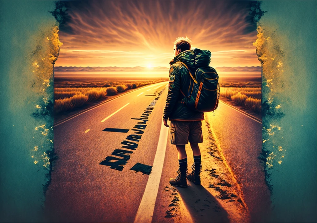 How about representing a person divided into two halves, one expressing anguish and the other determination? On the left side of the image, a thoughtful person, with an expression of concern and tiredness, faced with obstacles and challenges. On the right side, the same person, now with a determined expression and firm gaze, facing the horizon with confidence. In the background, a road full of challenges and, at the end of it, a bright light indicating hope and overcoming. Perhaps with the message "From Anguish to Courage: Finding Hope in the Journey."
